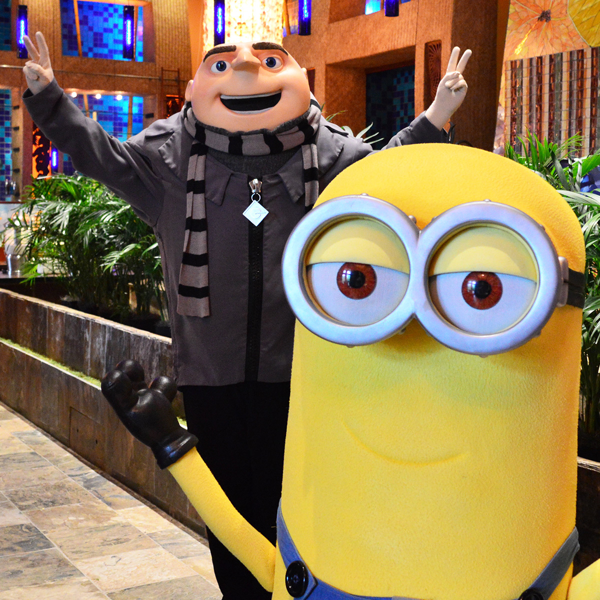 Gru and a Minion Welcoming Guests at Despicable Me Character Breakfast